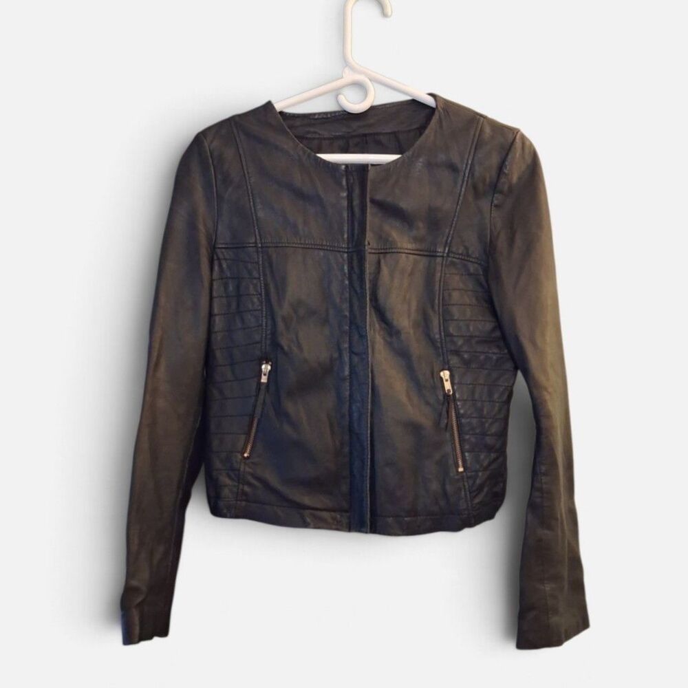 Mango Genuine Leather Quilted Panel Moto Jacket Black Cropped Zip Front Small